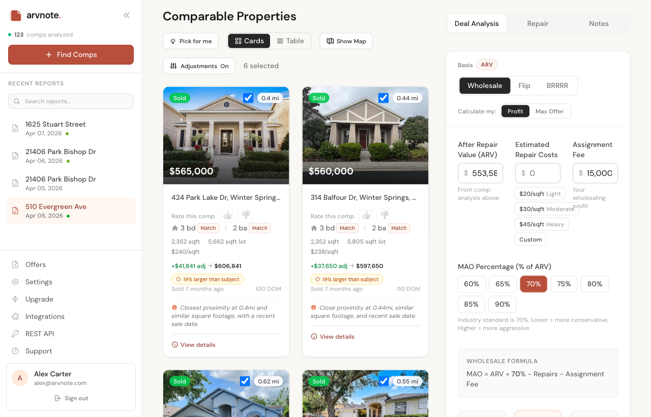 Two ranked comparable sales with photos, prices, match badges and adjustments